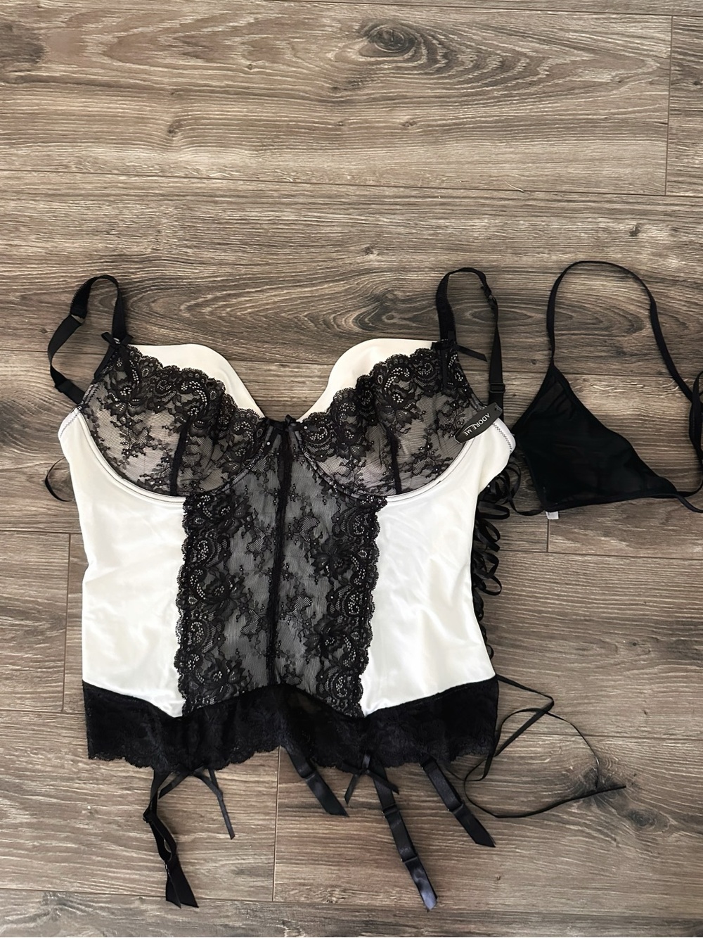 NWT Adore Me Corset-Style Lace Bustier in White and Black with Matching Thong